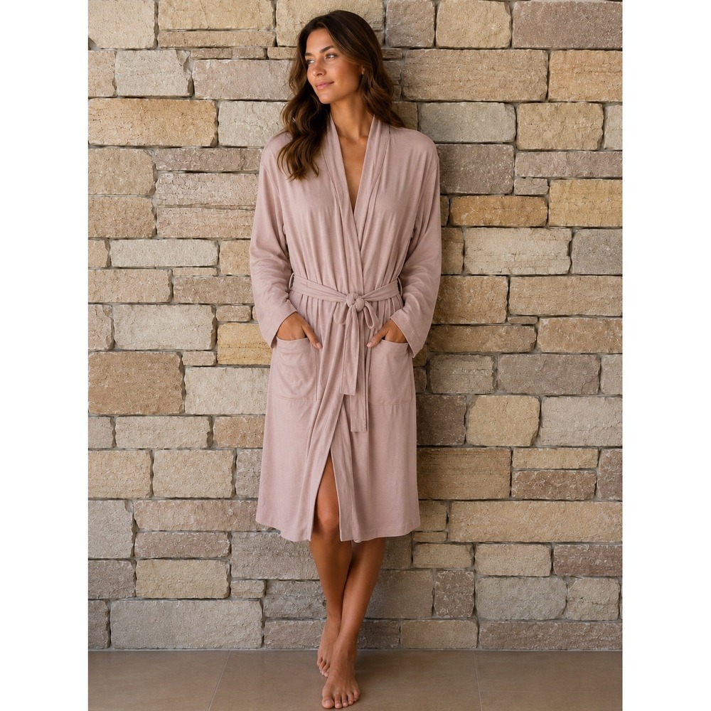Eileen Fisher Womens S/M Pink Organic Cotton Interlock Sleep Robe Belted Lounge